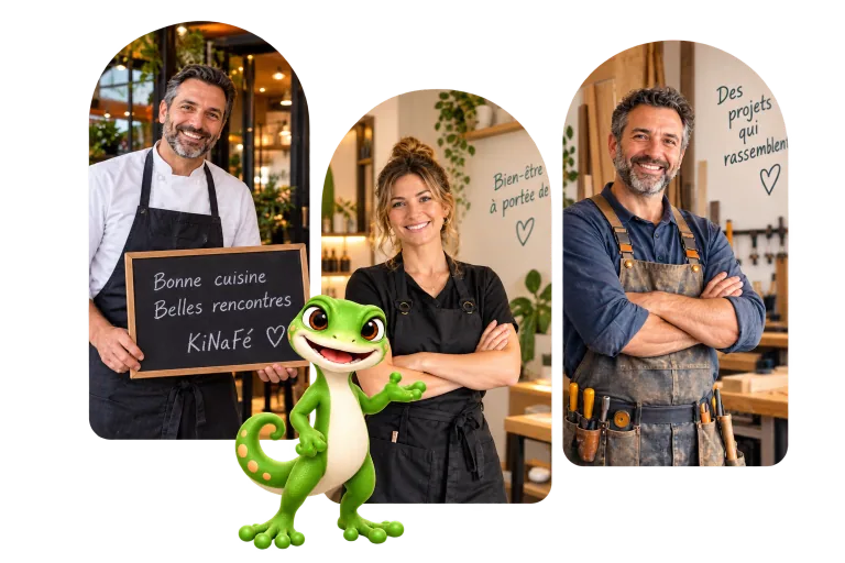 Trois portraits en arches : un restaurateur, une professionnelle du bien-être et un artisan, accompagnés du gecko KiNaFé.