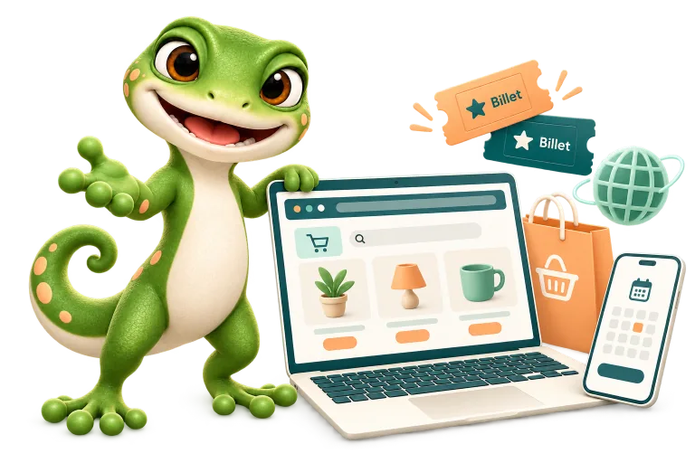 Le gecko KiNaFé présente un ordinateur avec une boutique en ligne, des billets et un téléphone avec un calendrier.