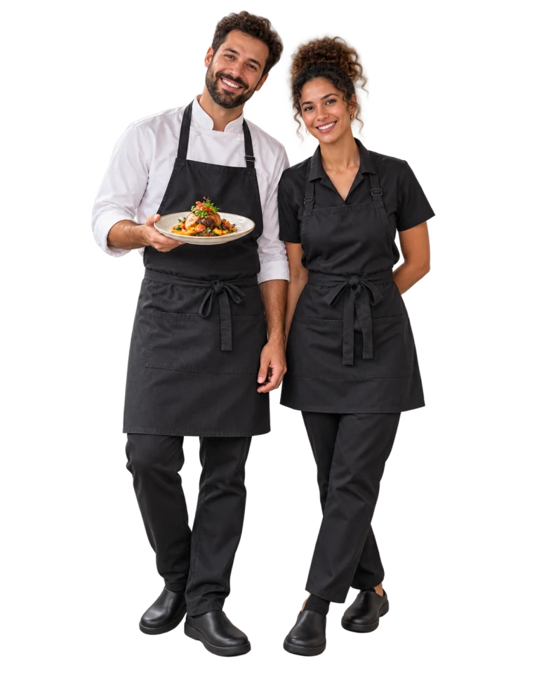 Un restaurateur présentant son plat et une restauratrice, tous deux en tablier.