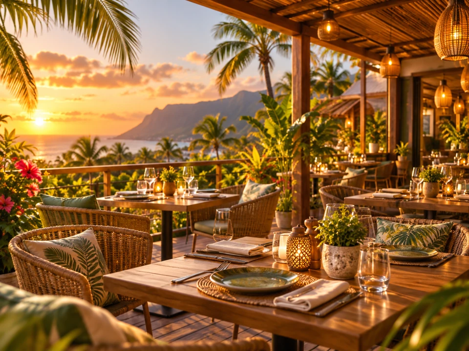 Une terrasse de restaurant tropicale au bord de l’eau.