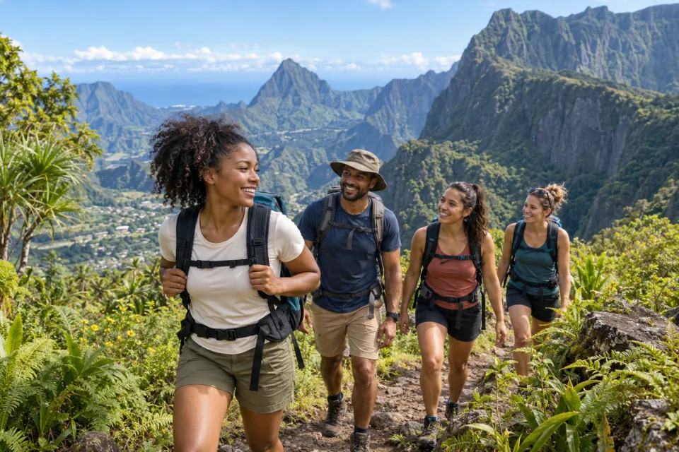Une activité de découverte dans un paysage réunionnais.
