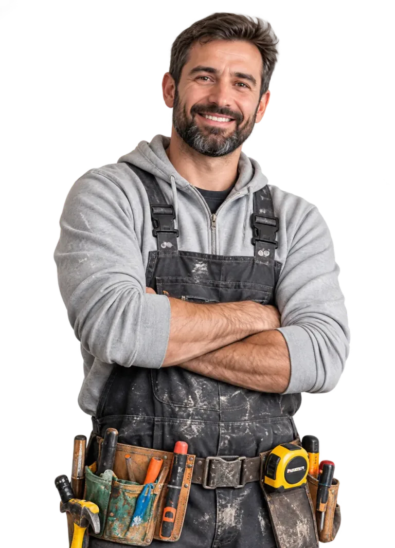 Un artisan souriant, les bras croisés, avec sa ceinture à outils.