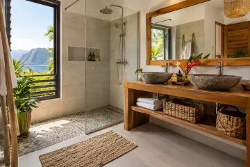 Exemple de salle de bain avec une douche et un meuble vasque.