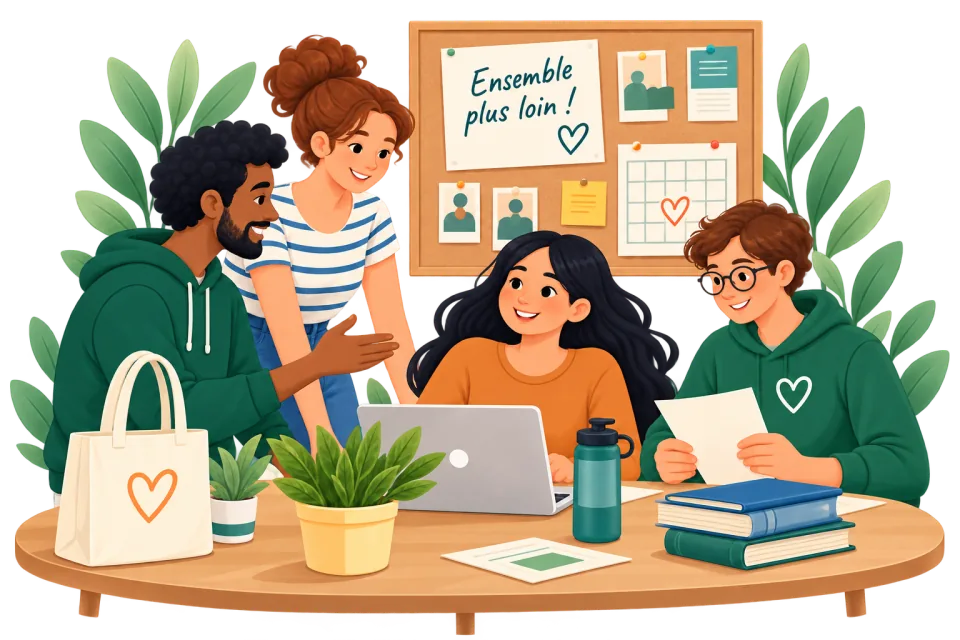 Quatre bénévoles préparent ensemble les projets de leur association autour d’une table.