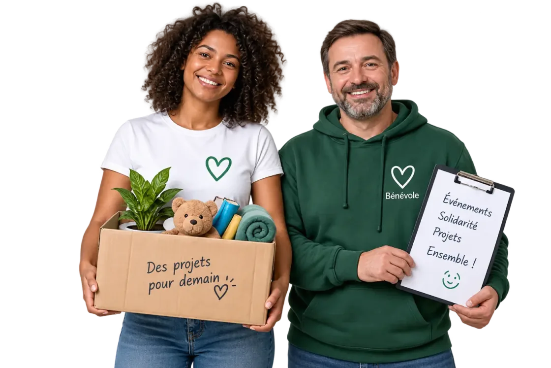 Deux bénévoles avec une boîte de dons et un carnet de projets associatifs.