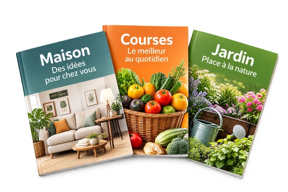 Trois couvertures illustratives de catalogues Maison, Courses et Jardin.