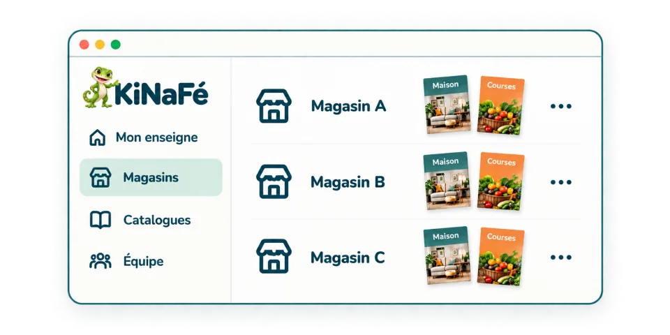 Exemple d’espace KiNaFé pour organiser les magasins et les catalogues d’une enseigne.