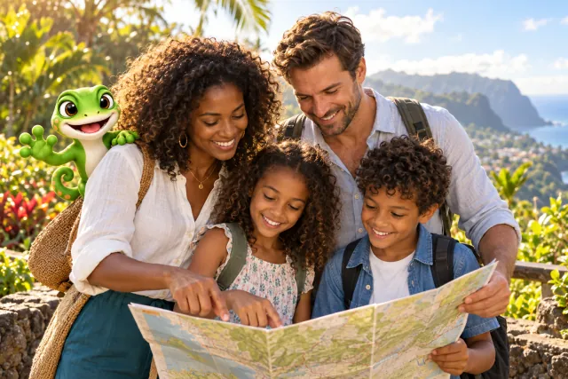 Une famille prépare une sortie avec une carte et le gecko KiNaFé