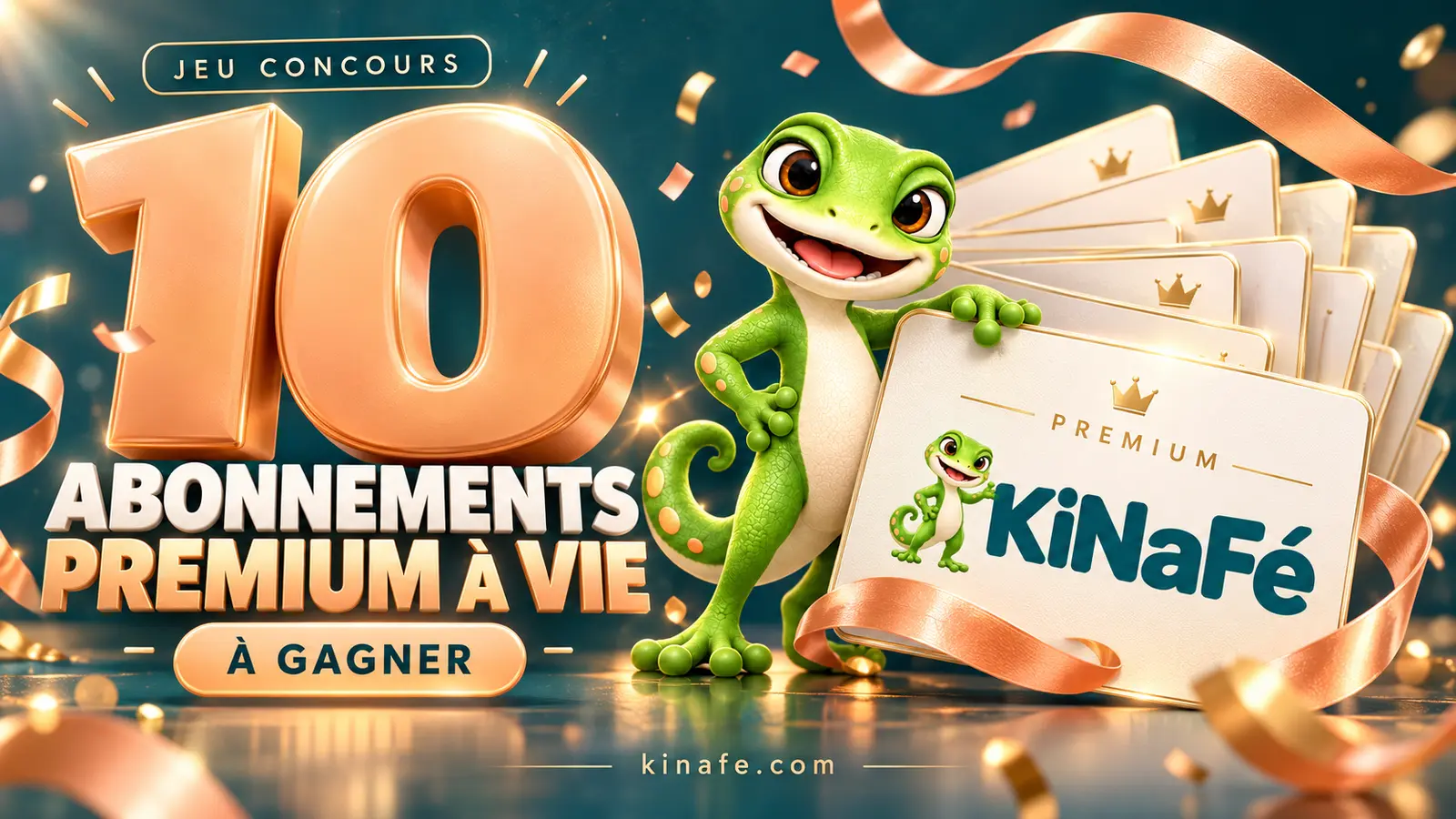 Concours KiNaFé : 10 abonnements Premium à vie à gagner, avec la mascotte gecko et des cartes Premium.