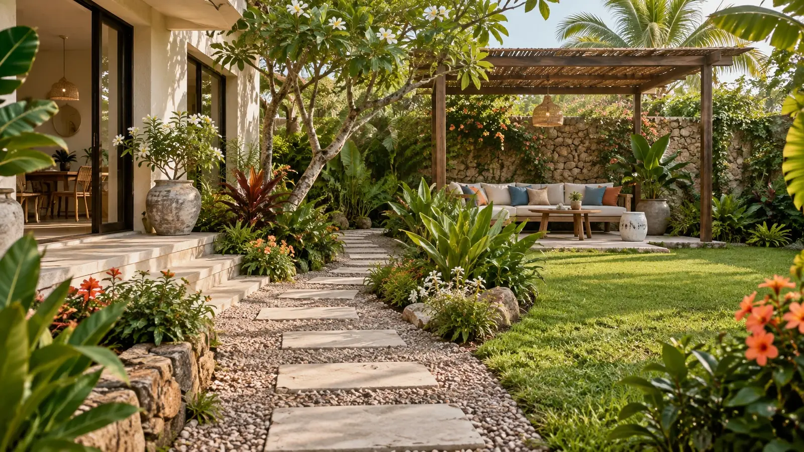 Jardin tropical générique avec cheminement et espace de repos ombragé.