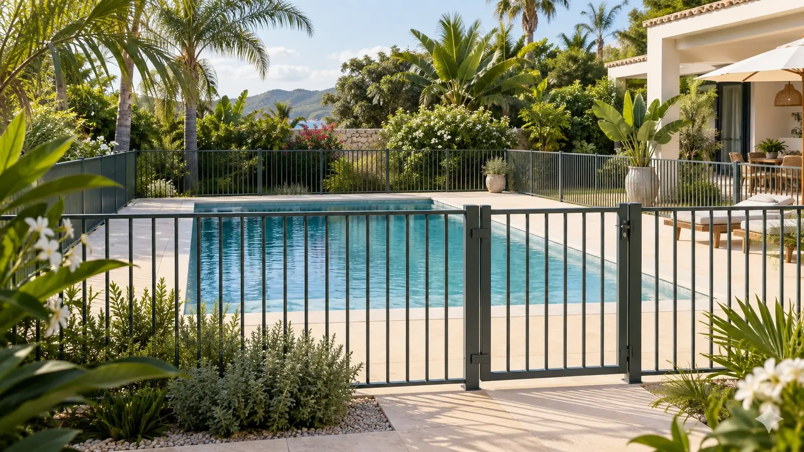 Piscine résidentielle générique bordée d’une barrière et de végétation.