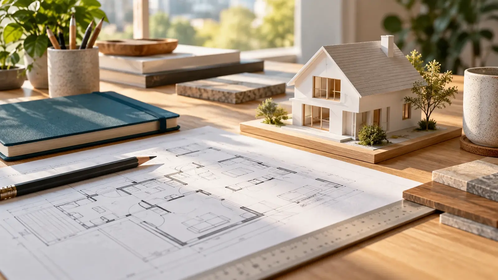 Maquette de maison et plans illustratifs sur un bureau.