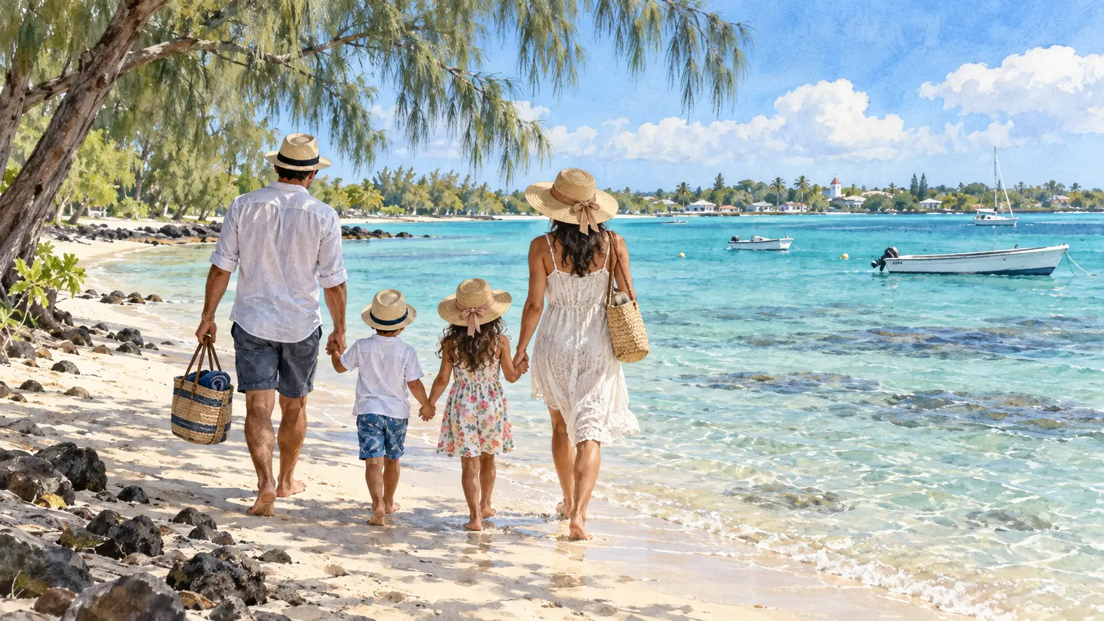 Illustration : une famille se promène au bord d’un lagon à Maurice.