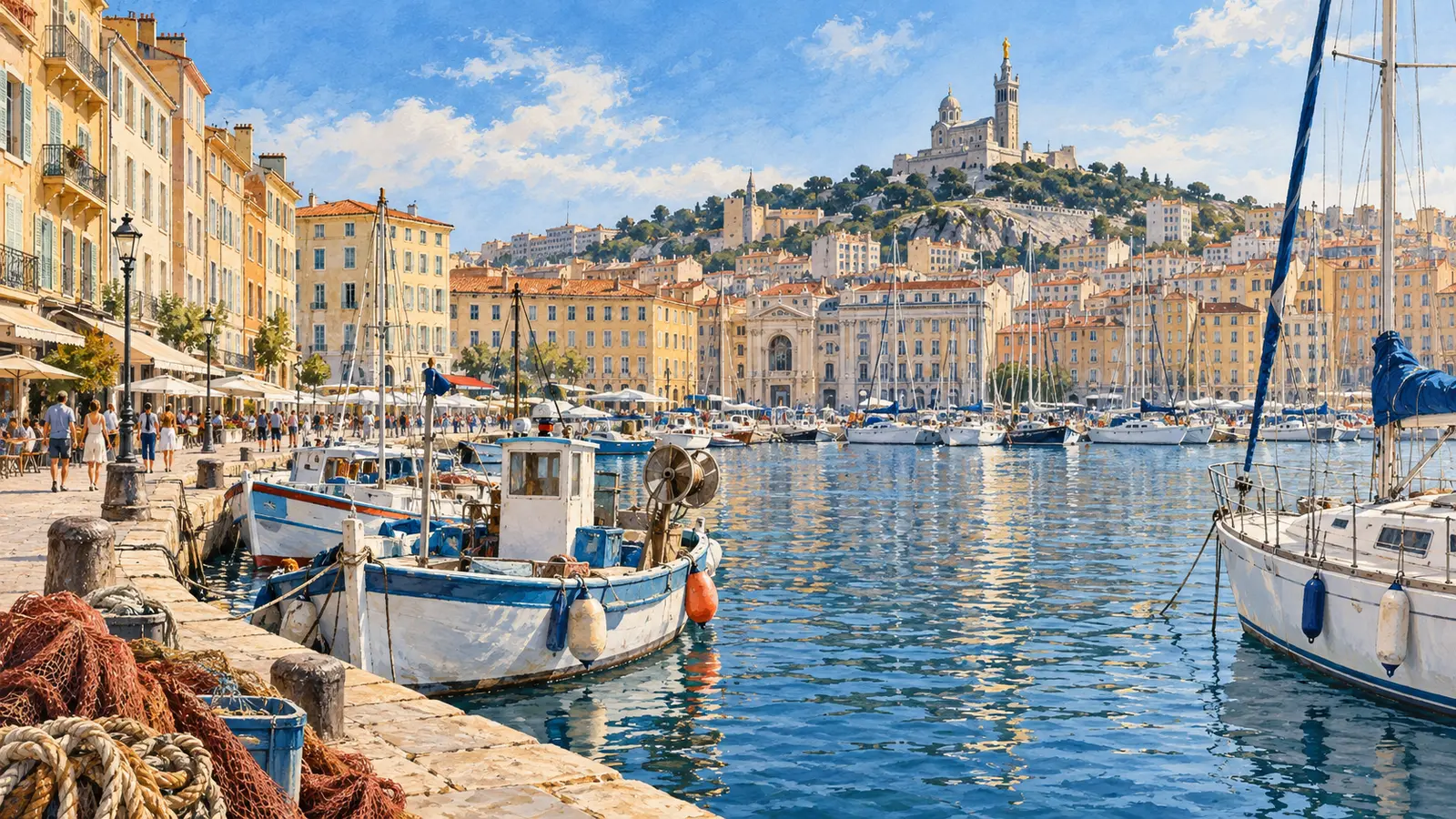 Illustration du Vieux-Port de Marseille et de Notre-Dame de la Garde.