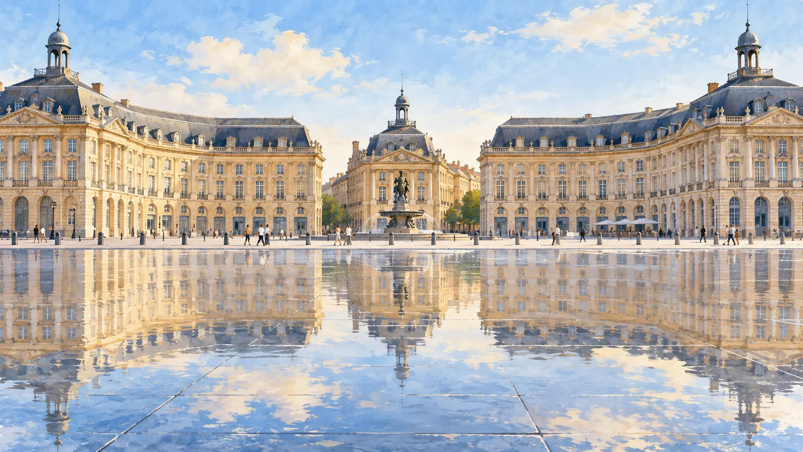 Illustration inspirée de la place de la Bourse et du Miroir d’eau à Bordeaux.