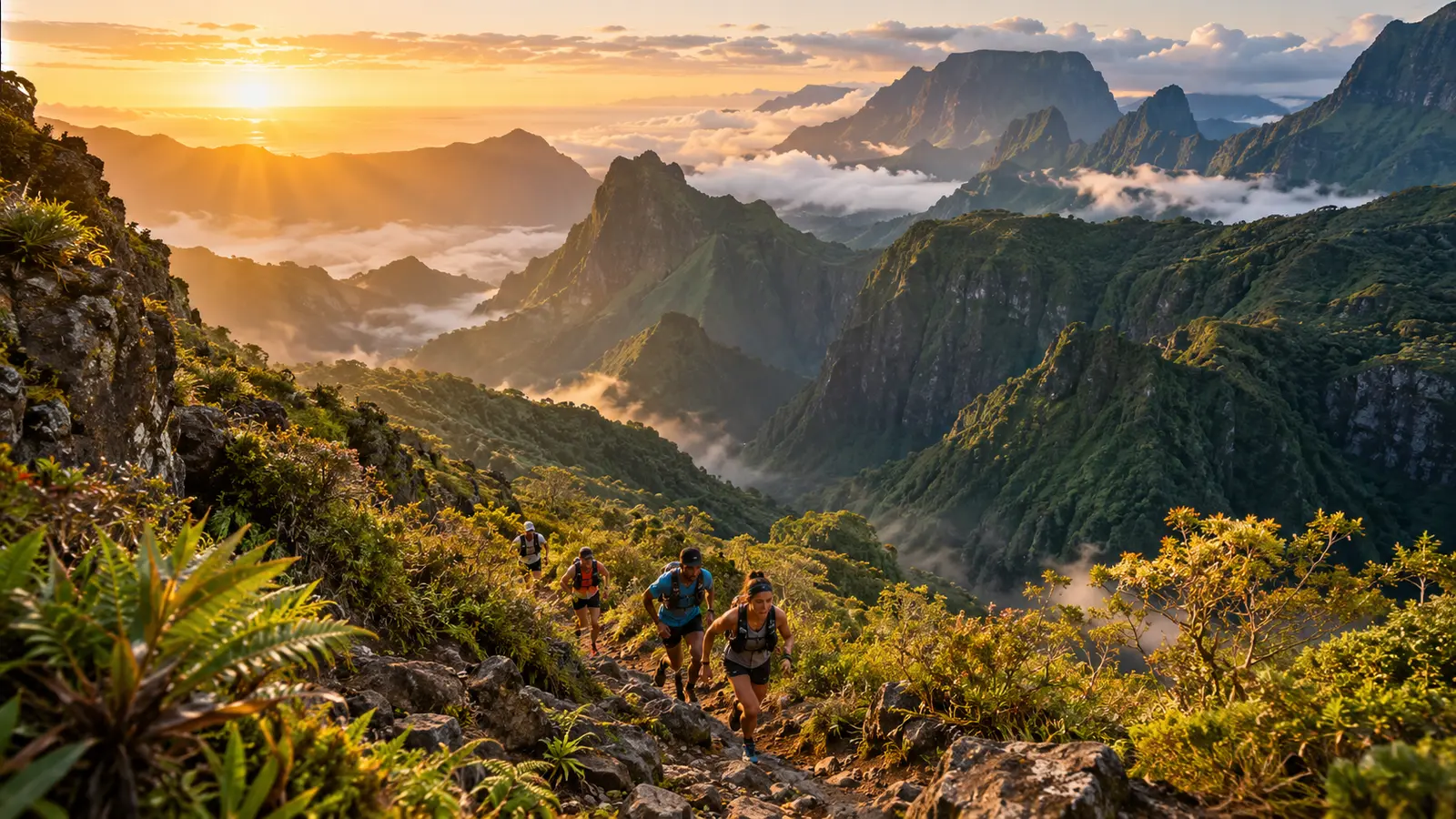Des traileurs gravissent un sentier de montagne au lever du soleil, au-dessus d’une mer de nuages. Illustration du Grand Raid à La Réunion.