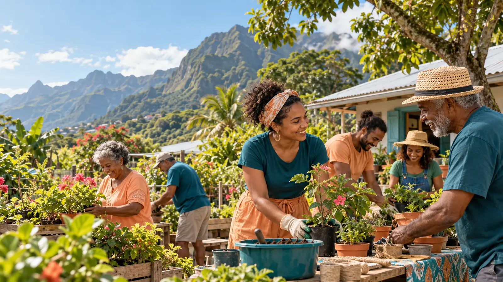 Illustration générée par IA : des adultes de plusieurs générations jardinent ensemble, devant une maison et un relief montagneux évoquant La Réunion. Scène fictive.