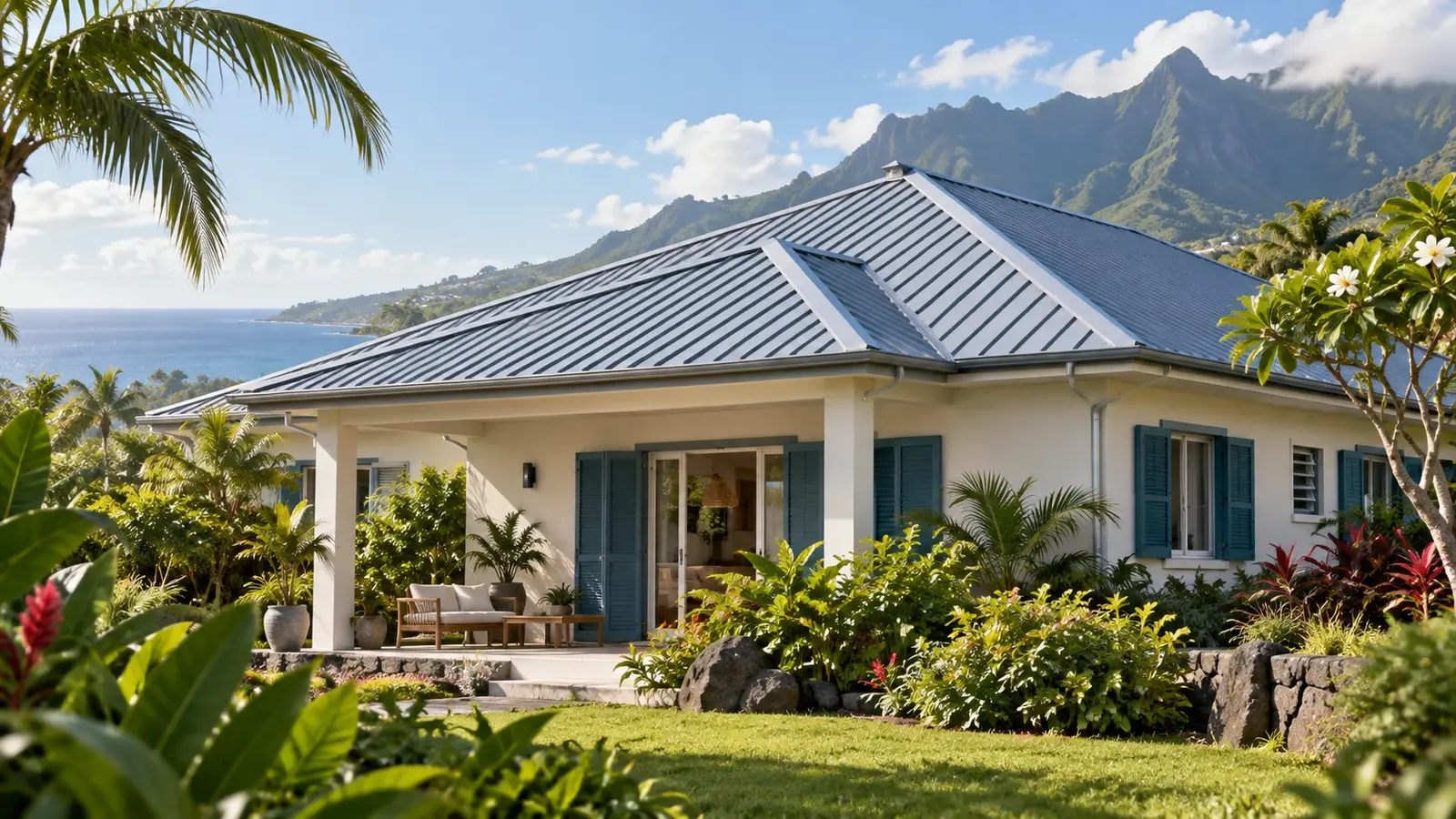 Toiture métallique d’une maison générique vue depuis le jardin.