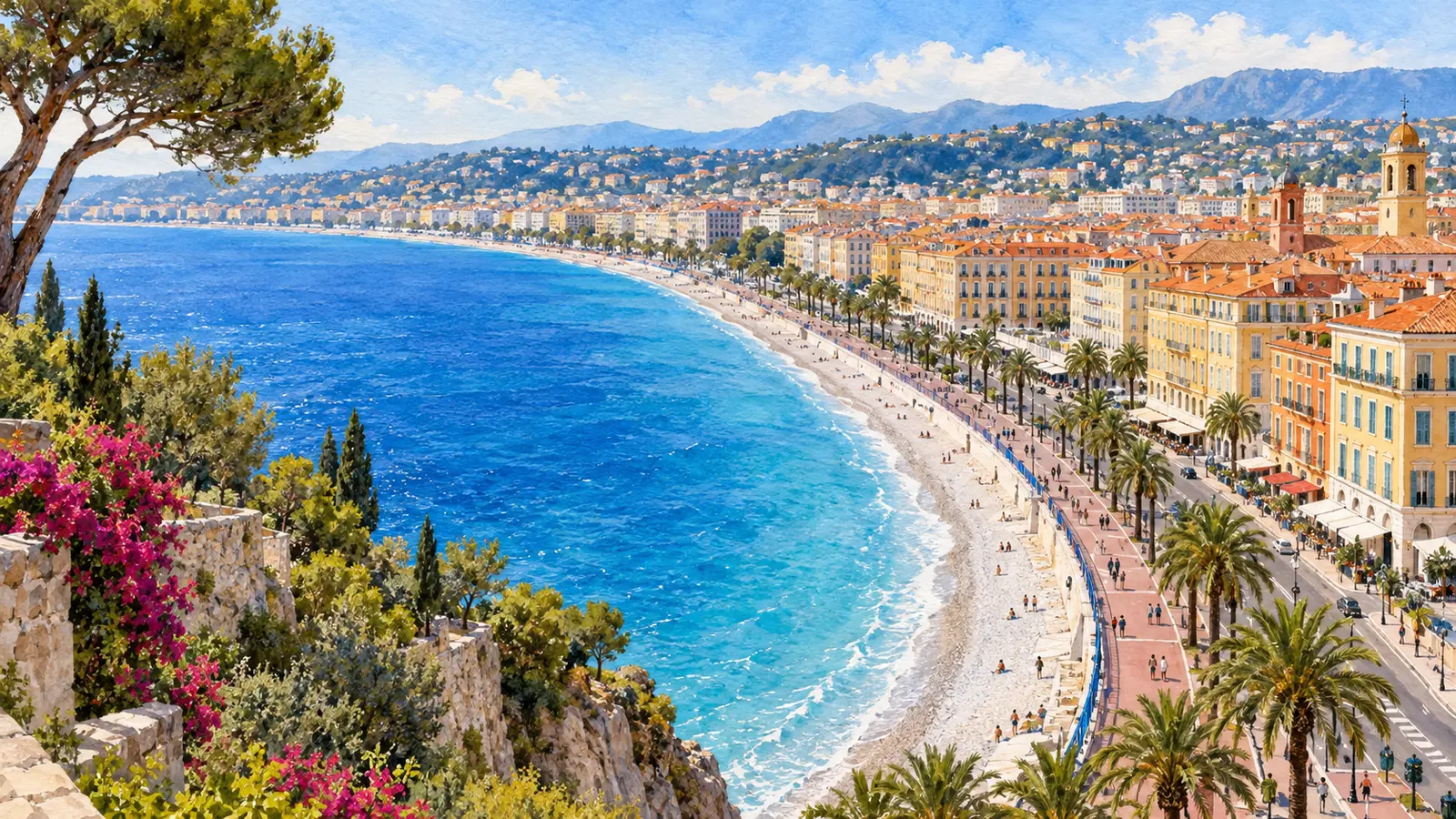 Illustration de la baie des Anges et de la promenade des Anglais à Nice.