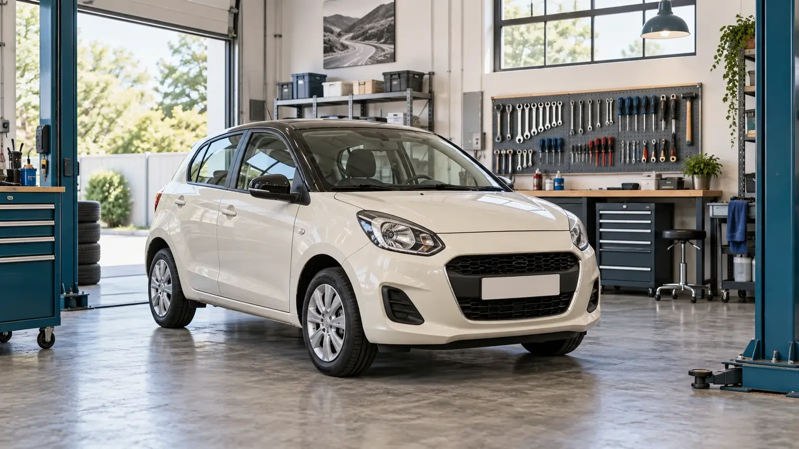 Voiture générique à l’arrêt dans un atelier automobile propre.