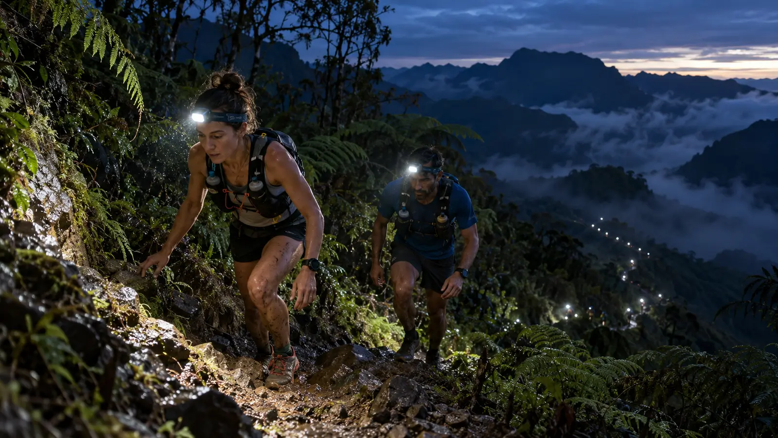 Deux traileurs équipés de lampes frontales gravissent un sentier rocheux et humide, dans un paysage de montagne au crépuscule.