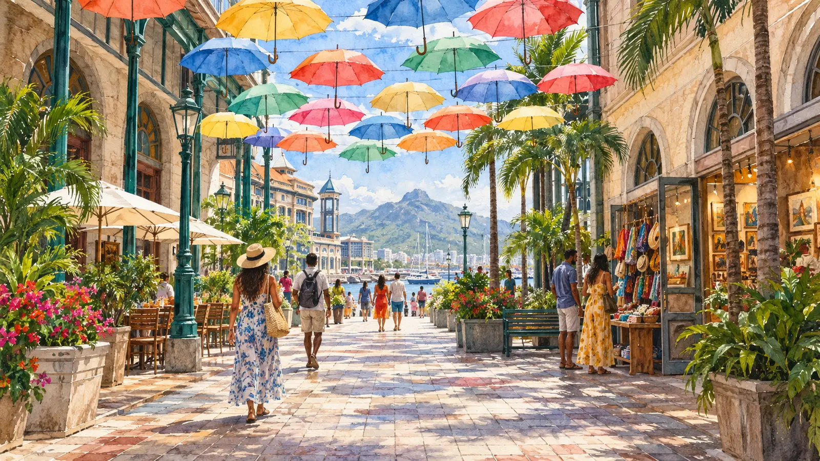 Illustration de l’allée aux parapluies du Caudan à Port-Louis, Maurice.