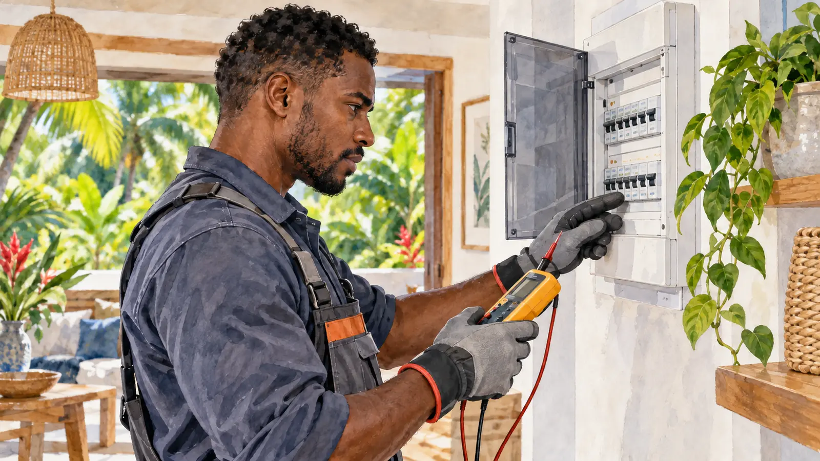 Illustration : un électricien examine le tableau électrique d’une maison à La Réunion.
