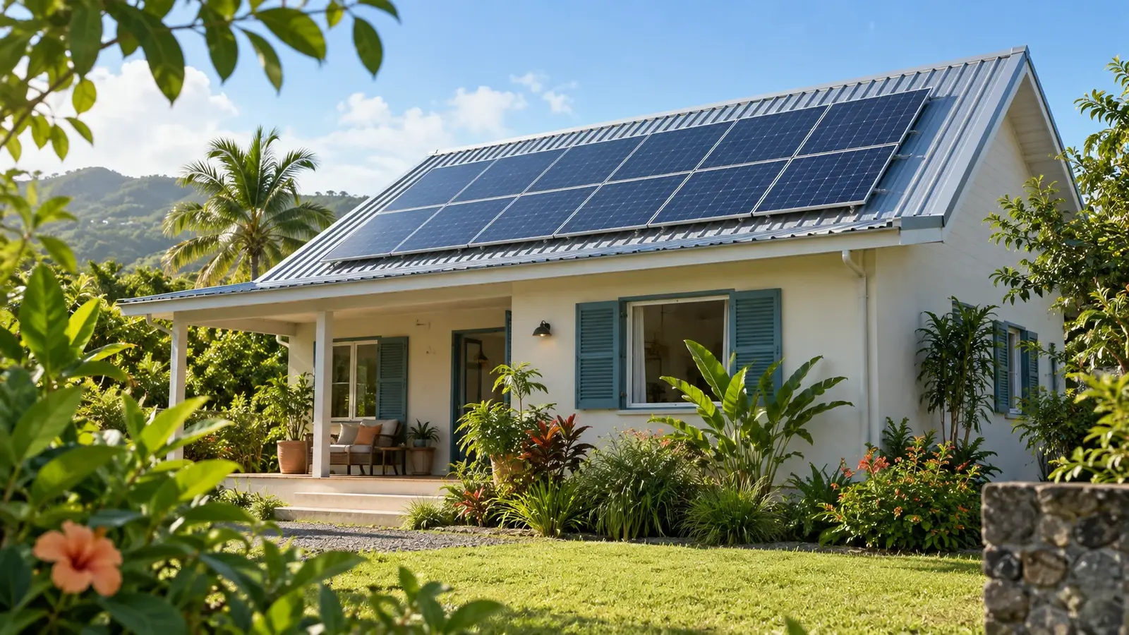 Maison générique avec des panneaux photovoltaïques sur une toiture métallique.
