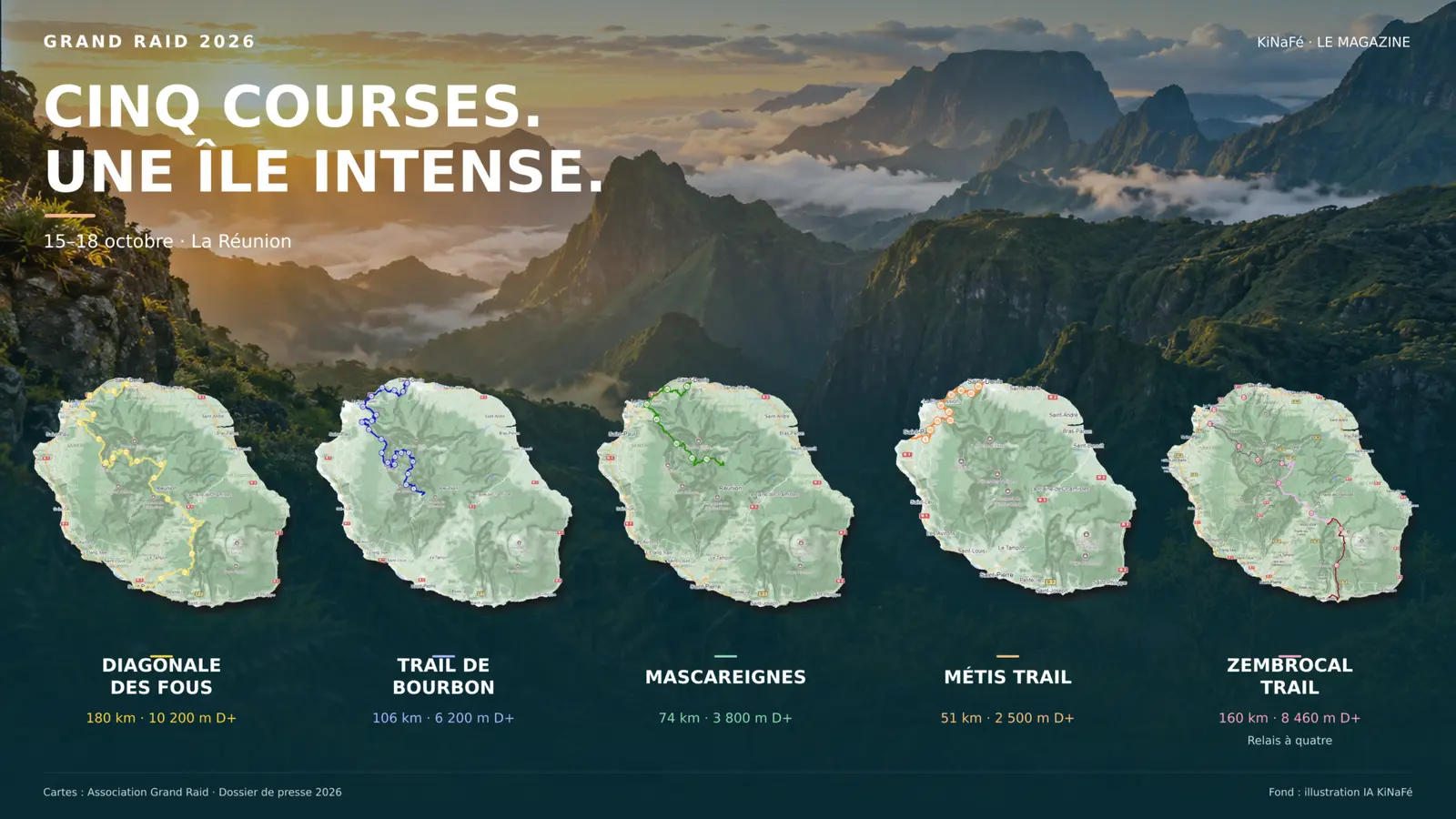 Infographie des cinq courses du Grand Raid 2026, du 15 au 18 octobre à La Réunion. Distances et dénivelés détaillés dans le tableau précédent.
