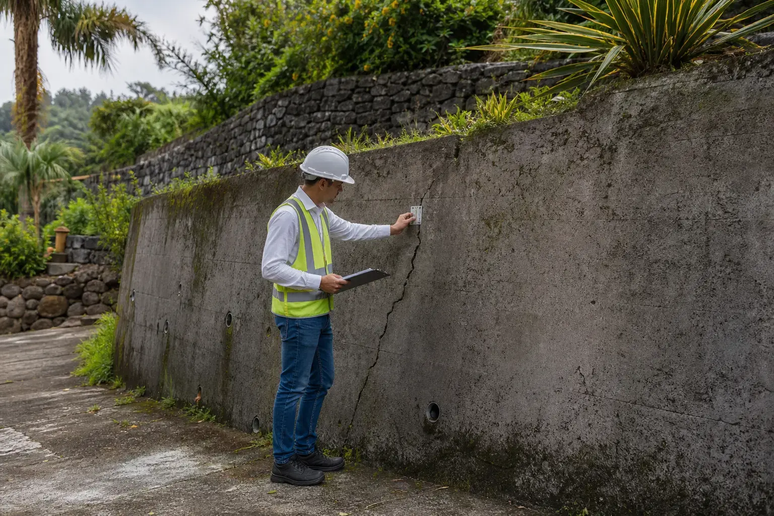 Visuel d’archive — Mur de soutènement fissuré ou qui penche à La Réunion : diagnostic et urgence