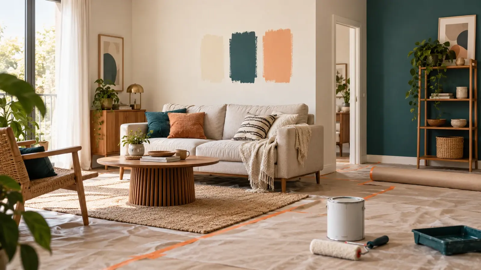 Pièce en rénovation légère avec matériaux et échantillons organisés.