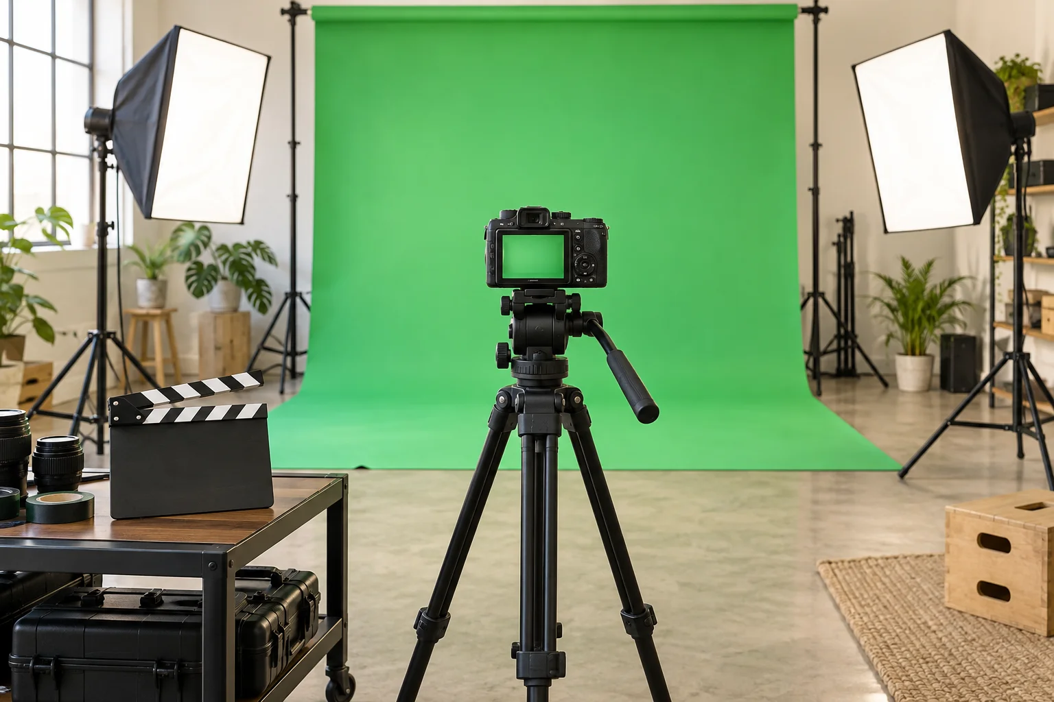 Illustration générée par IA : caméra et accessoires devant un fond vert de cinéma.