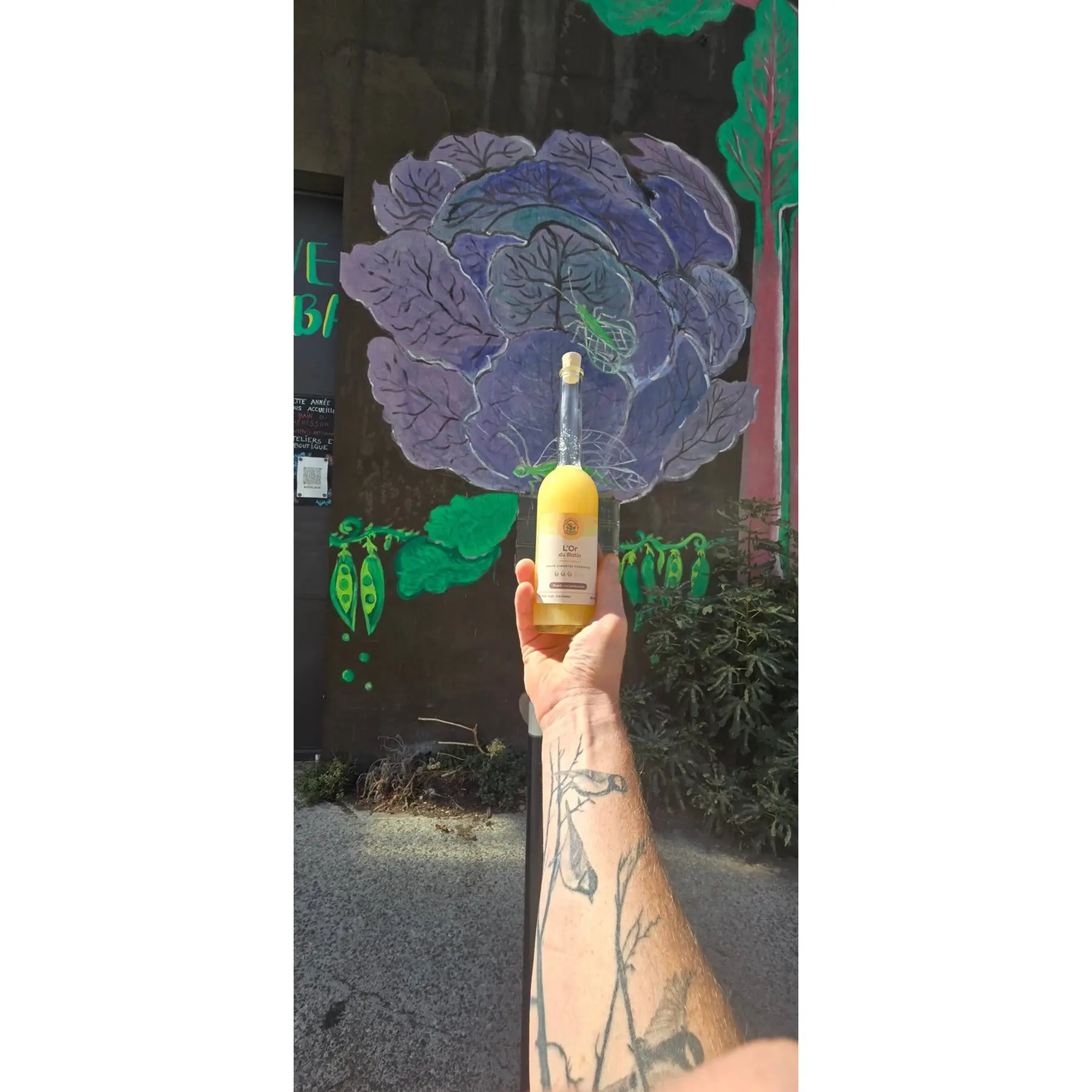 Bouteille de sauce pimentée fermentée « L'Or du Matin » tenue devant une fresque murale