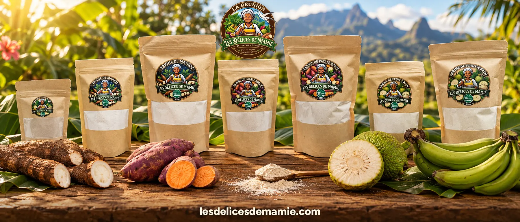 notre gamme complète de nos farines naturellement sans gluten labélisé 100% La Réunion