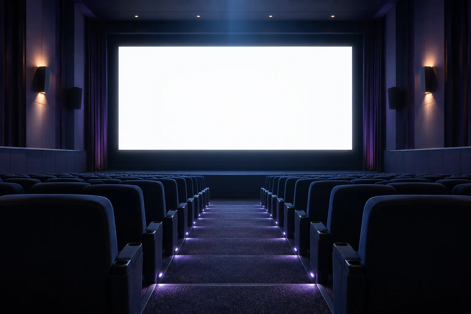 Illustration générée par IA : salle de cinéma vide éclairée de bleu et de violet.