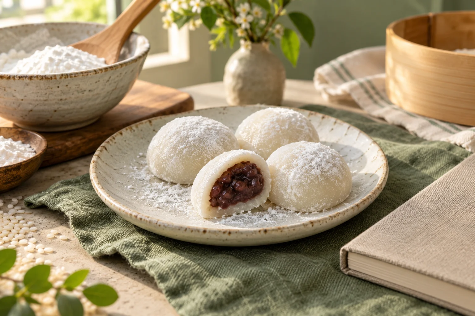 Illustration générée par IA : mochis et ustensiles de cuisine sur une table d’atelier.
