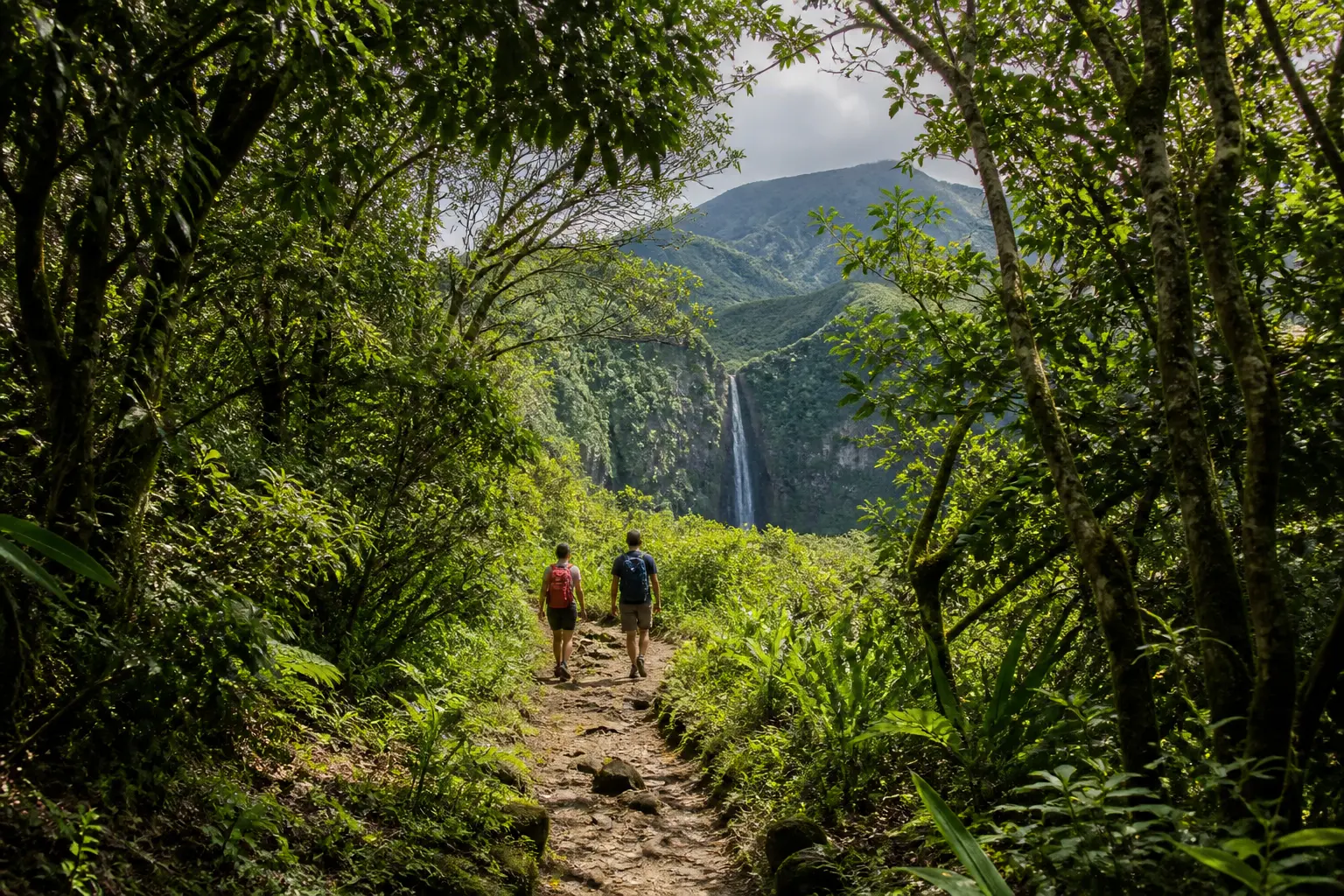 Illustration : deux randonneurs sur un sentier en forêt tropicale.