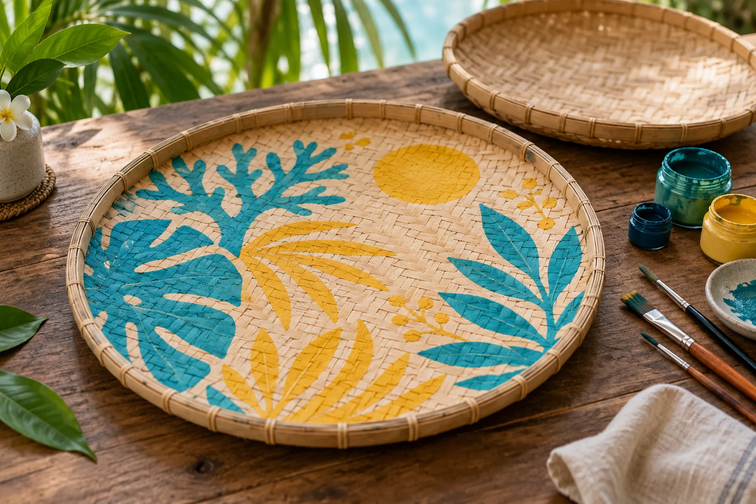 Illustration générée par IA : vanne tressée décorée, pinceaux et pots de peinture.