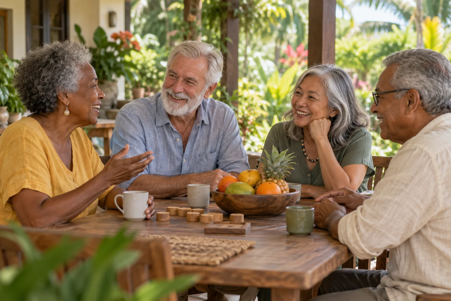 Illustration générée par IA : moment convivial entre personnages fictifs âgés autour d’une table.