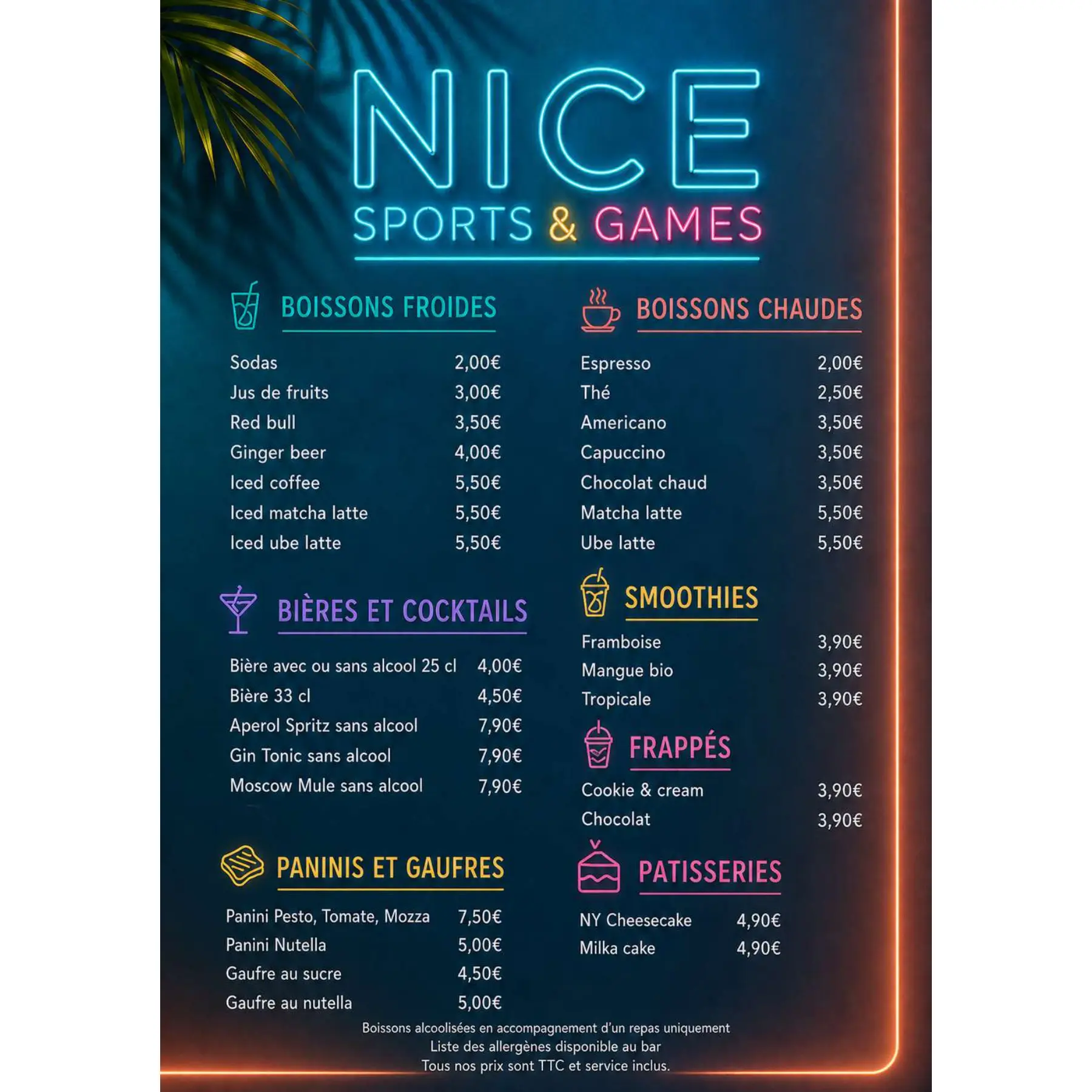 Carte des boissons et du snack Nice Sports & Games