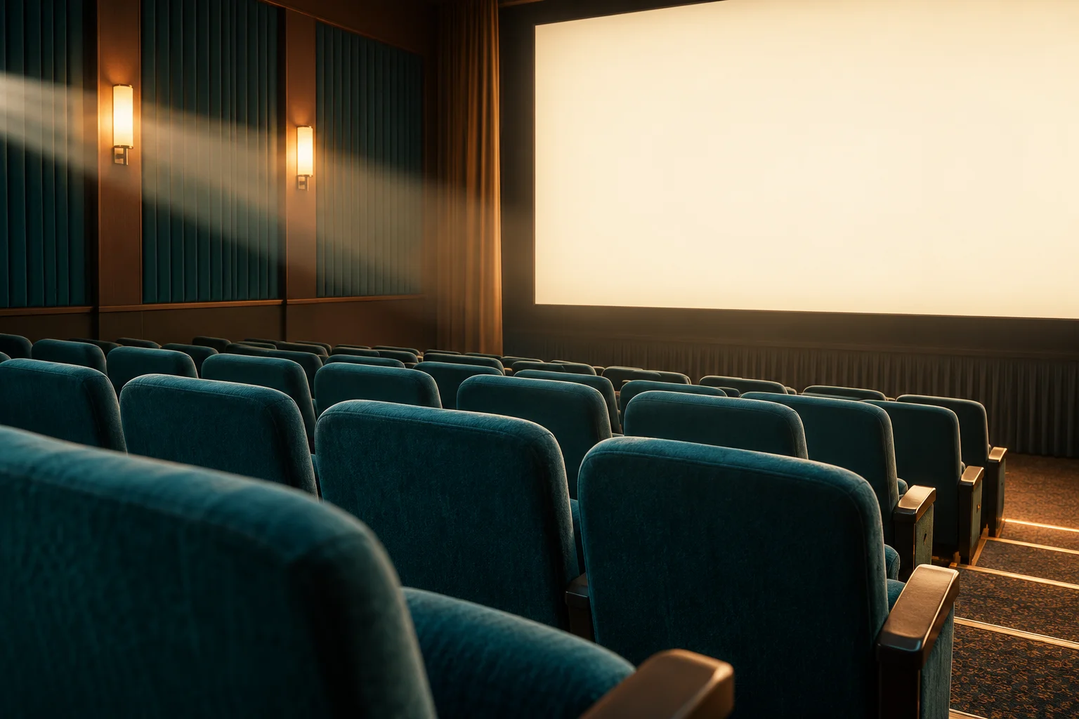 Illustration générée par IA : fauteuils de cinéma turquoise et lumière de projection.