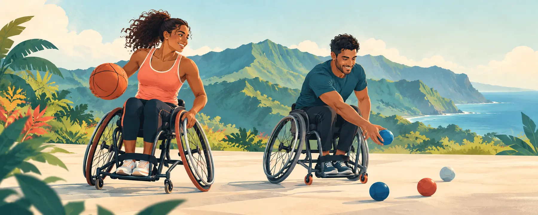 Illustration de handisport : basket fauteuil et boccia à La Réunion. Visuel créé pour KiNaFé.