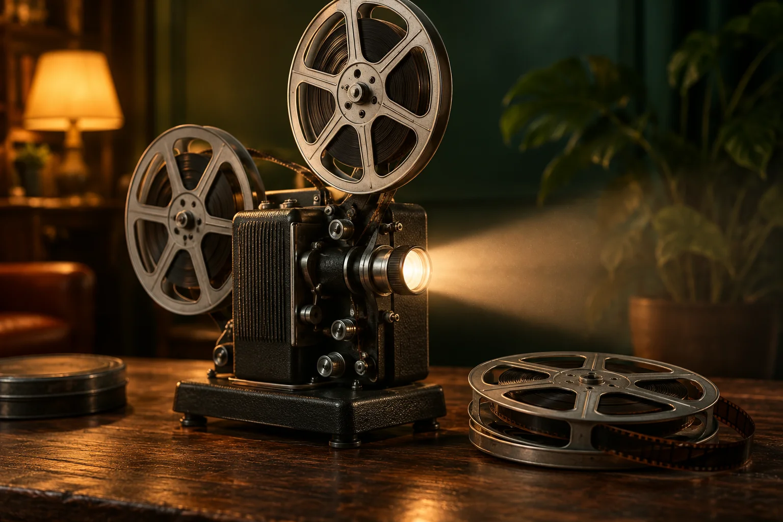 Illustration générée par IA : projecteur et bobines de cinéma dans une lumière ambrée.