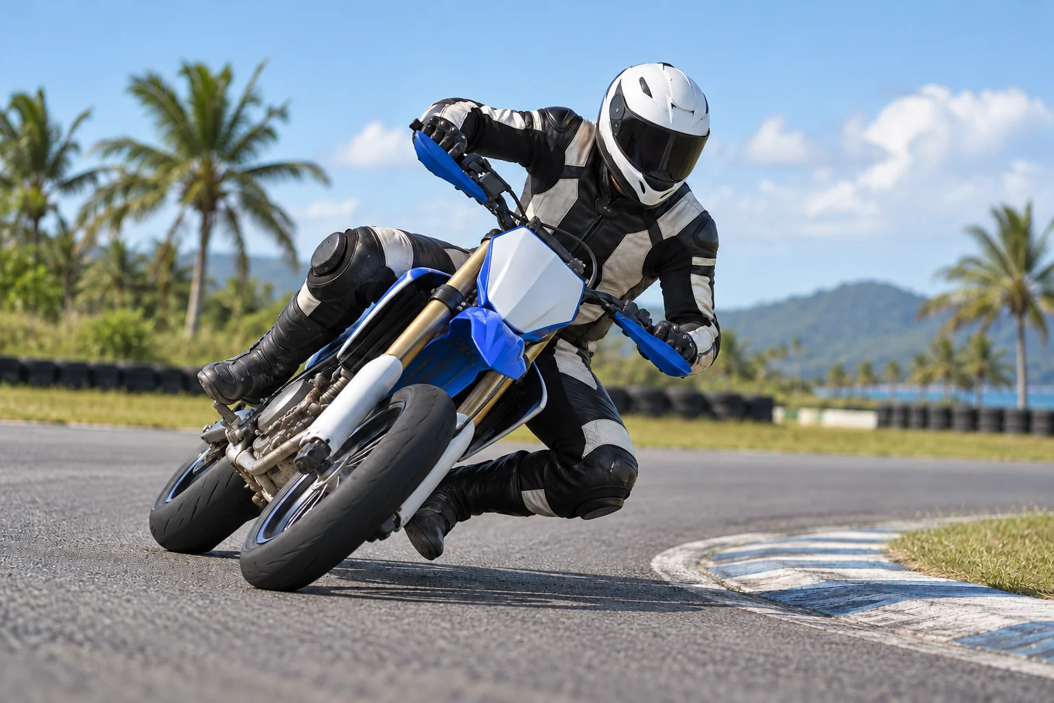 Illustration générée par IA : pilote anonyme de supermotard sur un circuit fictif.