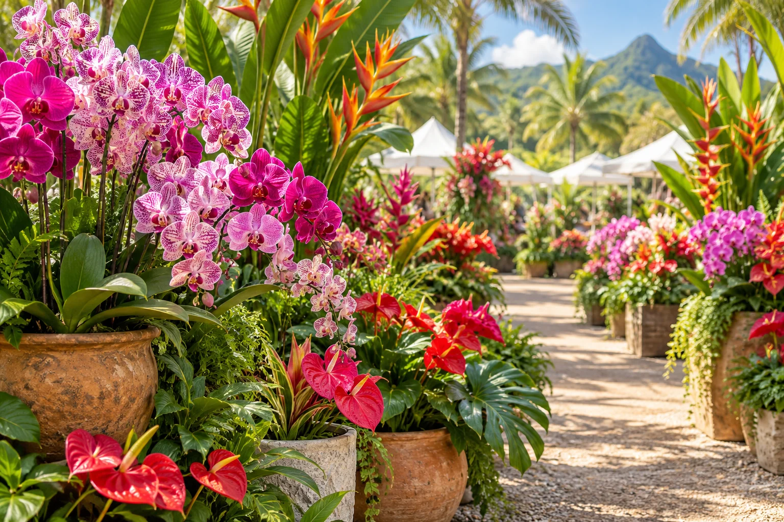 Illustration générée par IA : exposition de fleurs tropicales dans un jardin fictif.