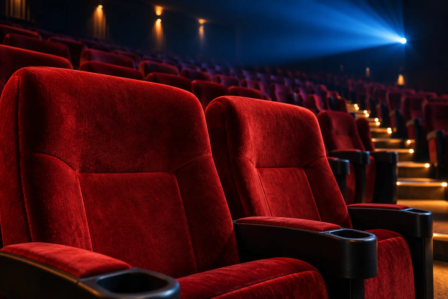 Illustration générée par IA : fauteuils de cinéma rouges sous une lumière bleutée.