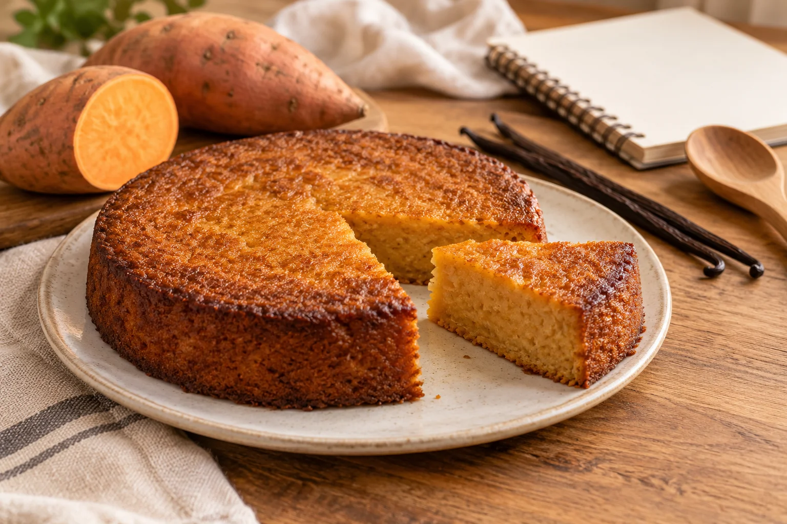 Illustration générée par IA : gâteau patate et ingrédients sur une table de cuisine.