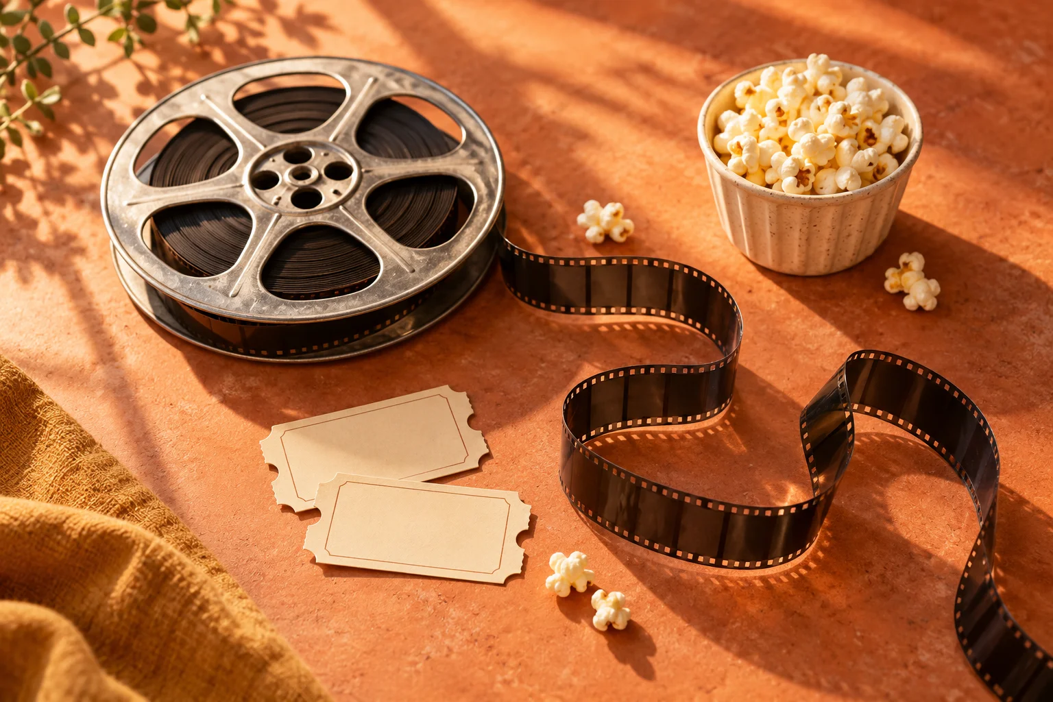 Illustration générée par IA : bobine de film et billets vierges pour une séance de cinéma.